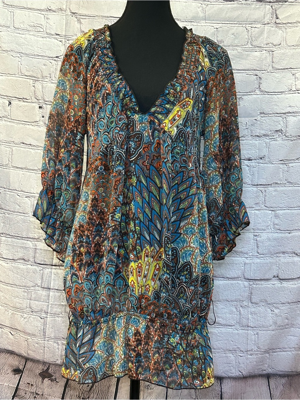 Charlotte Russe Blue and Brown Paisley V-Neck Tunic